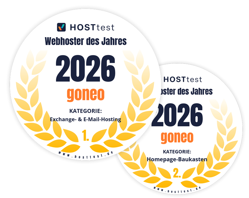 symbolhafte Bilder: Auszeichnung für goneo Webhoster des Jahres von Hosttest  für E-Mail-Hosting und für easyPage Website-Builder