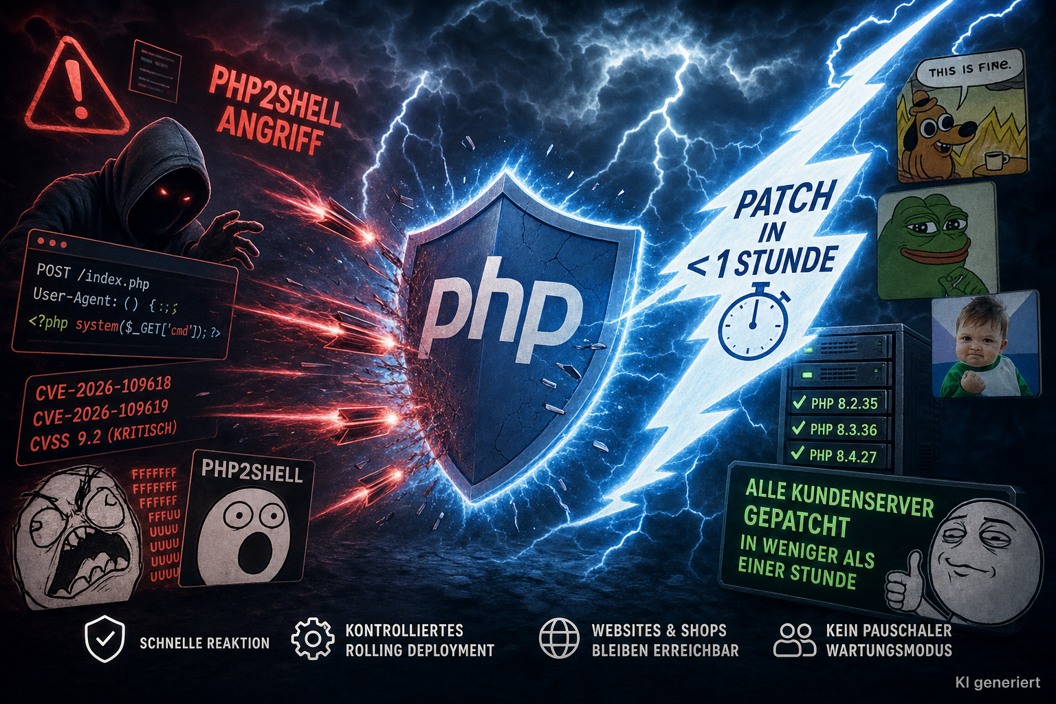 Symbolbildzusammenstellung von Netzwerk Memes die PHP Sicherheitslücken zu PHP2Shell gemacht haben und Alarmismus bewirkten