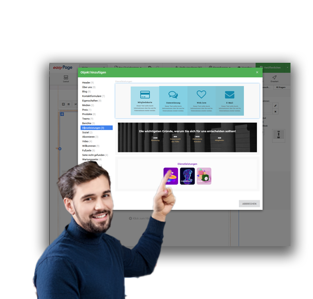 Übersicht über die Website-Inhaltselemente in EasyPage