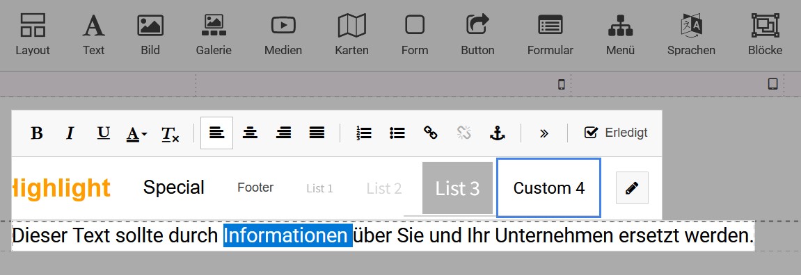 Das Text-Tool in goneo easypage