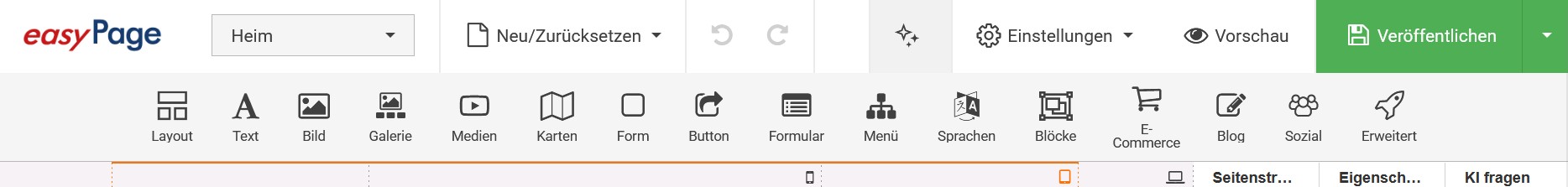 die Toolbar von easyPage Website Builder