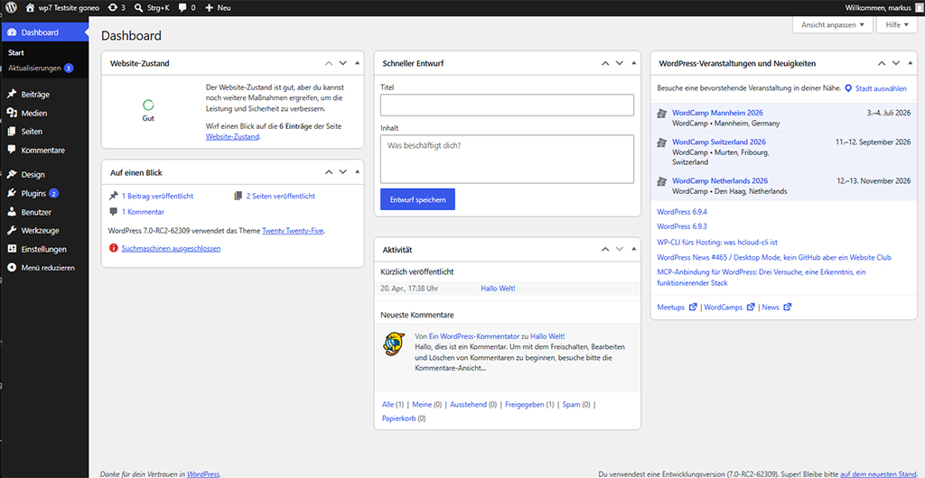 Übersicht über das WordPress Dashboard, das mit /wp-admin, angehängt an den Domainnamen, aufgerufen wird